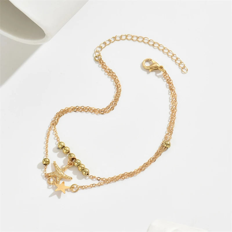 CowLost | vintage-gold-color-double-layer-anklet-for-women-star-pearl-starfish-zircon-pineapple-anklets-bracelets-foot-chain-beach-jewelry |4