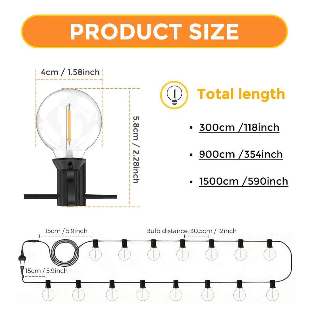 100FT G40 LED Globe String Lights, 100 Waterproof Plastic Bulbs for Outdoor Christmas Party Garden Decor