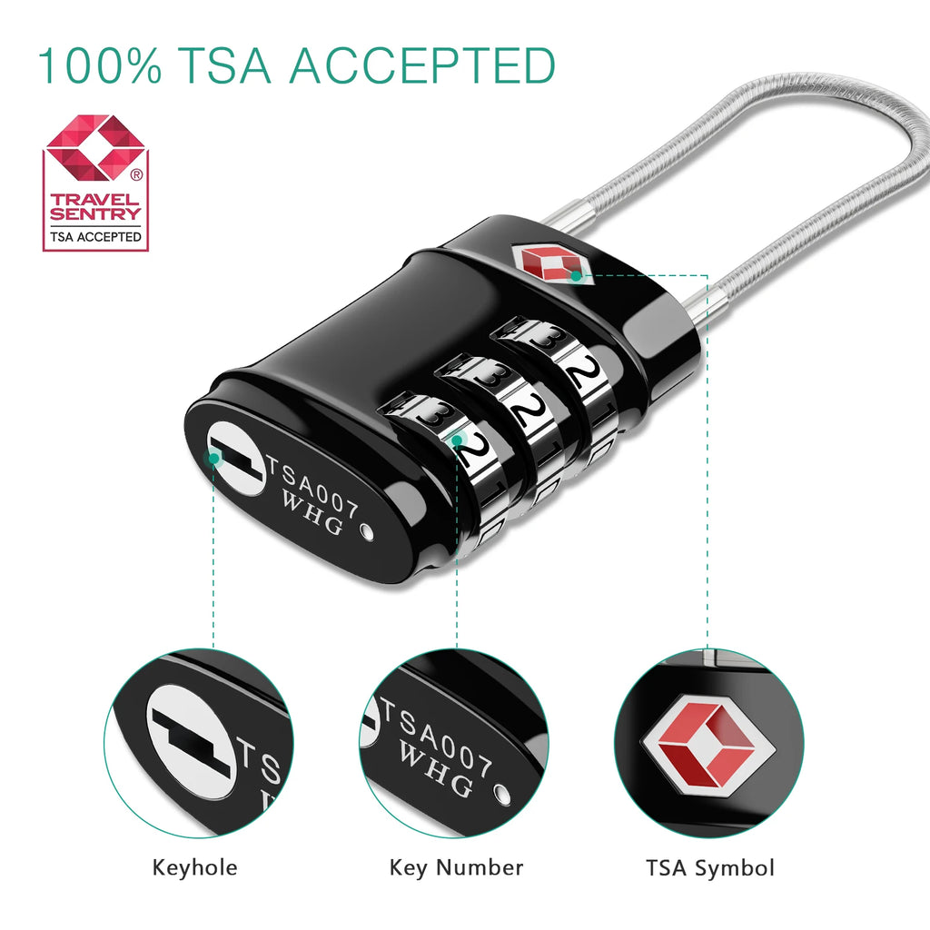 ORIA TSA Approved 3-Digit Combination Luggage Lock with Flexible Cable for Travel Bags