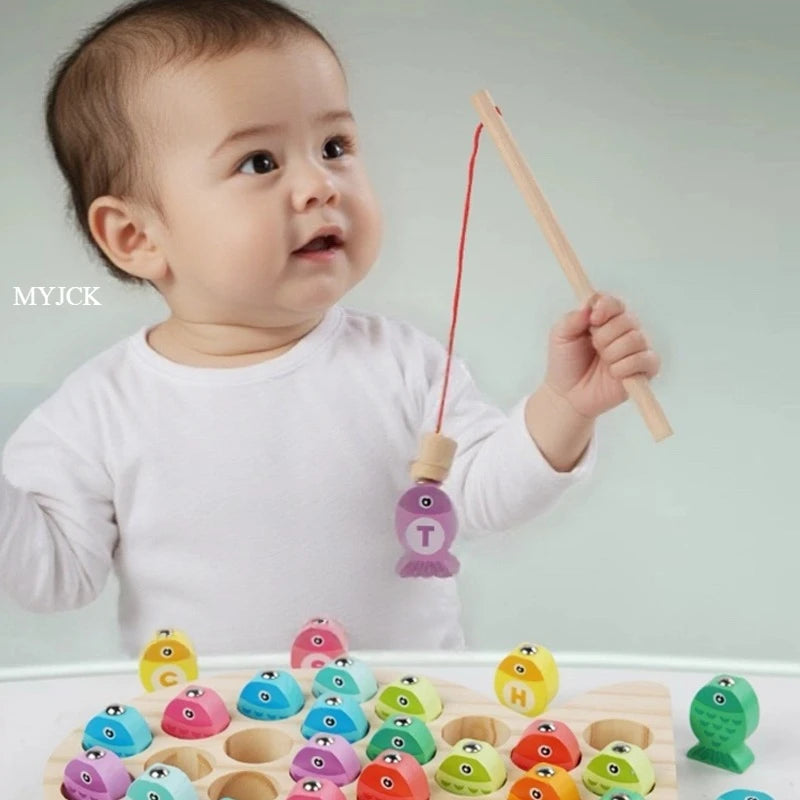 Kids Wooden Fishing Game Educational Alphabet Numeric Cognitive Toy with Magnet