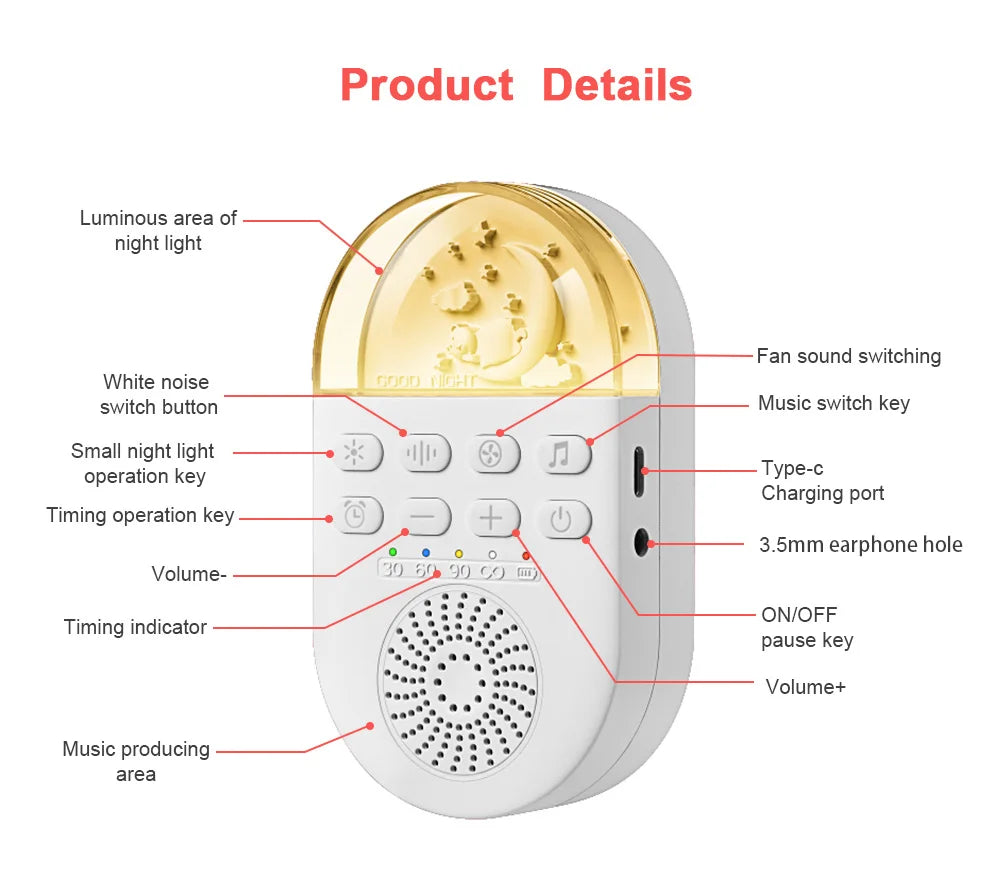 CowLost | portable-white-noise-baby-sleep-machine-24-soothing-sounds-soft-breath-light-30-60-90-timing-for-baby-adult-office-travel |20