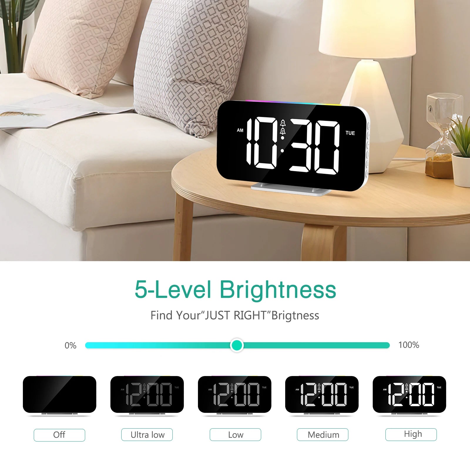 ORIA Digital Alarm Clock Large LED Display with 10 Color Night Light and Dual Alarms for Bedroom Office