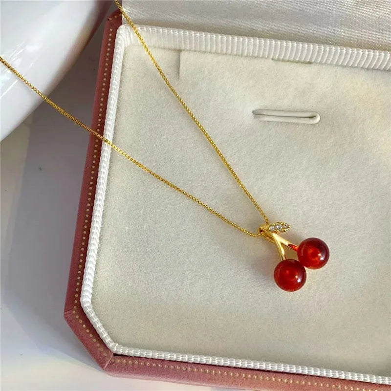 Wine Red Cherry Pendant Necklace for Women with Golden Chain Party Jewelry Gift