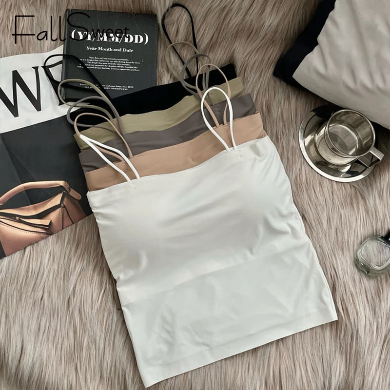 CowLost | fallsweet-womens-spaghetti-straps-sleeveless-camisoles-ice-silk-traceless-vest-integrated-fixed-cup-female-short-tops-vests |3