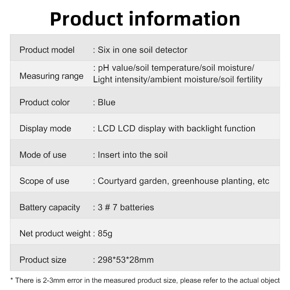 6-in-1 Soil Meter PH Moisture Temperature Light Humidity Fertility Tester LCD Rotate 90° for Garden Farm