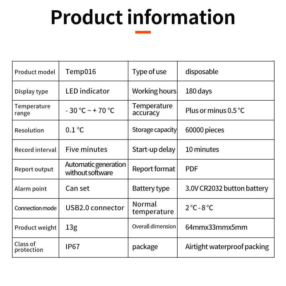 180-Day Disposable USB Temperature Data Logger with LED Indicator and Temp Alarm for Cold Chain Transport PDF Report
