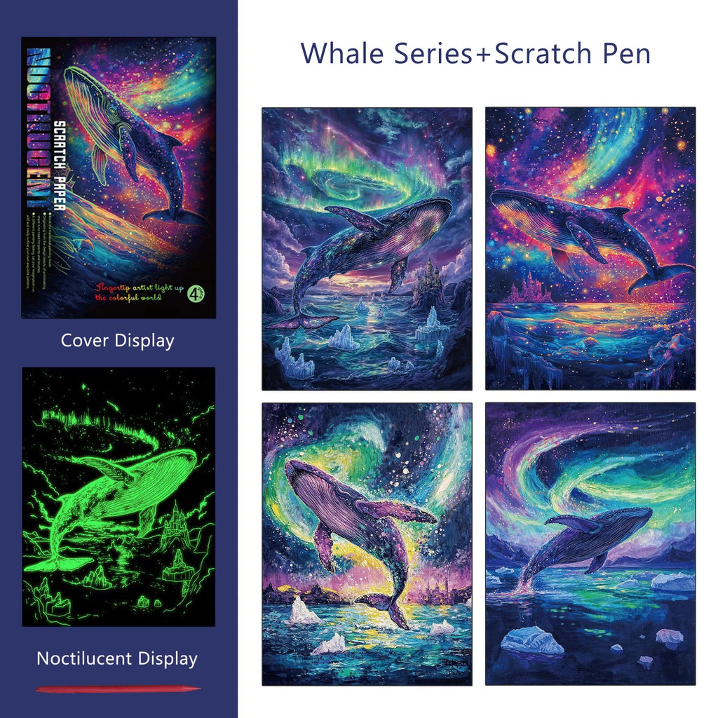 CowLost | product_id-4-piece-a4-diy-noctilucent-scratch-painting-set-sea-world-butterfly-peacock-whale-designs |11