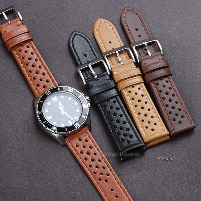 CowLost | handmade-watch-strap-18mm-20mm-22mm-for-women-men-leather-strap-black-brown-khaki-breathable-universal-watchbands-bracelet |3