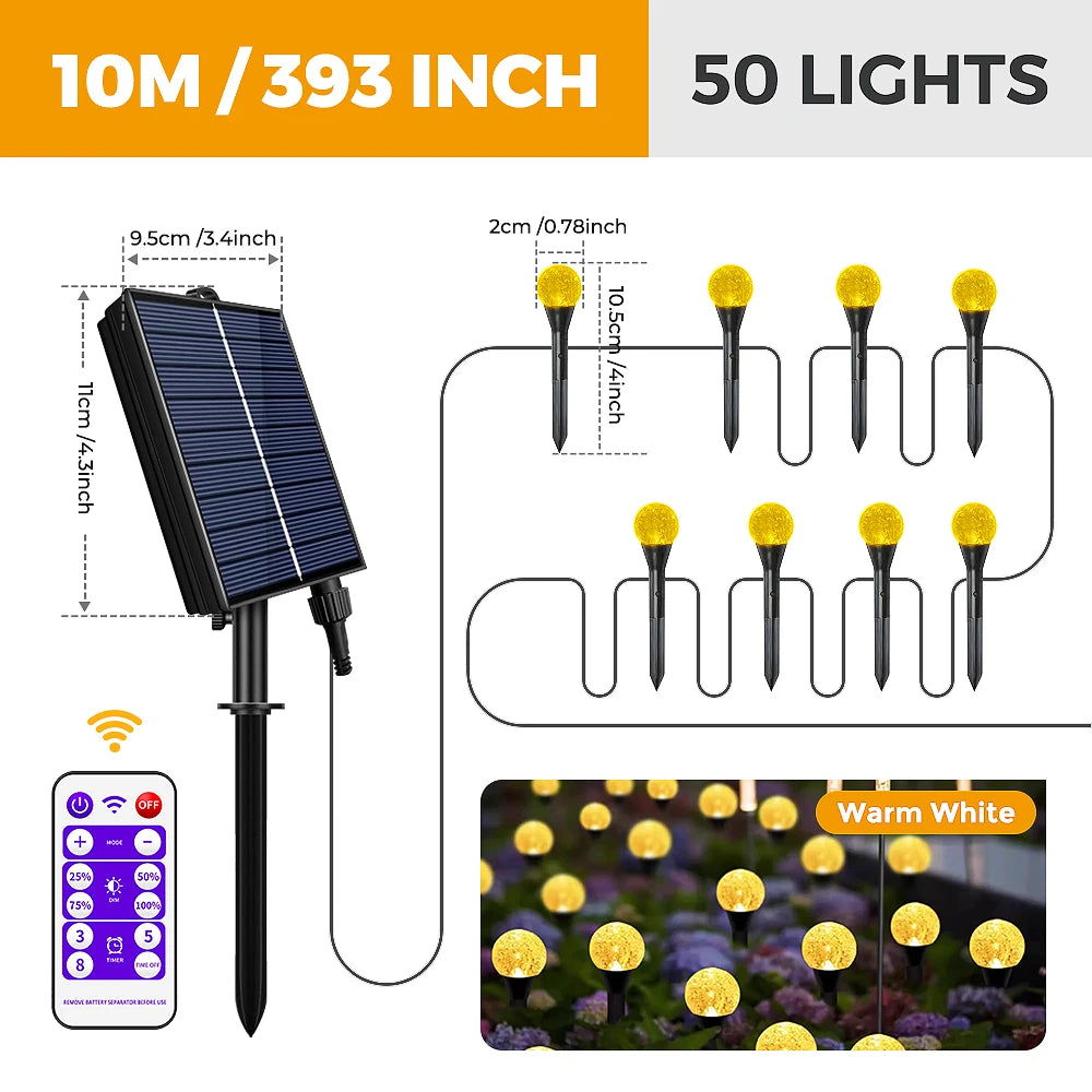 Solar Outdoor Fairy Lights Warm White LED Globe with 8 Modes Waterproof Stake Lamp for Yard Pathway