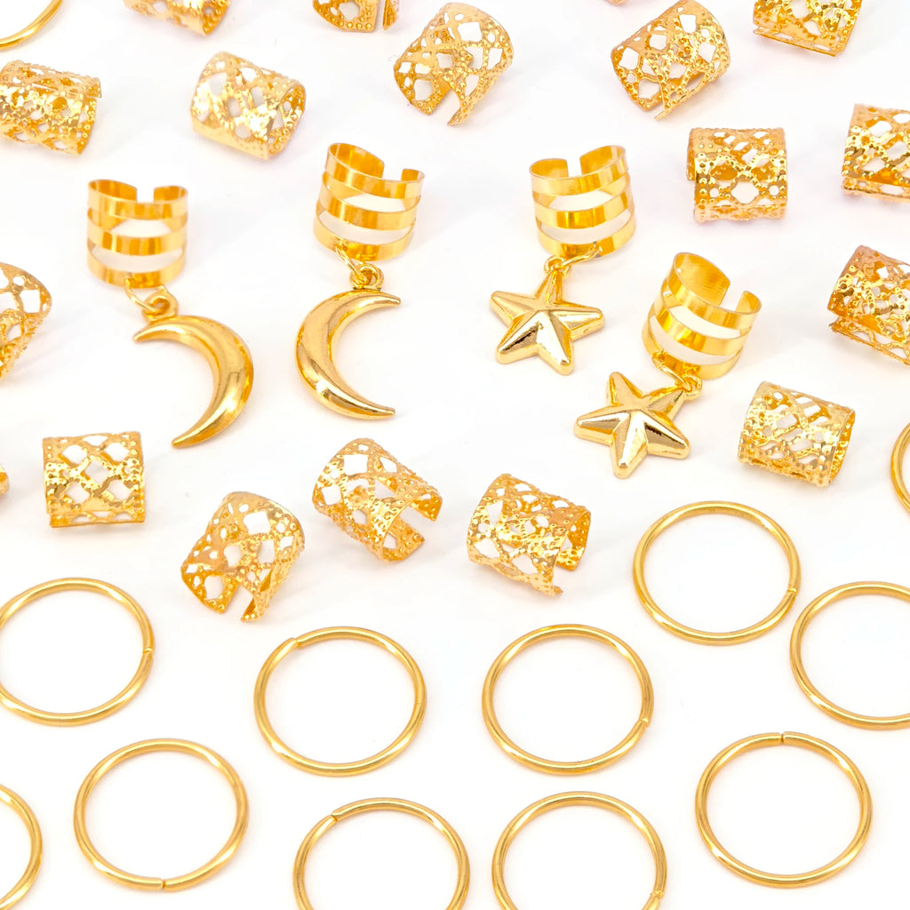 CowLost | 44pcs-stars-moon-combination-fashion-metal-cutout-dreadlock-hair-rings |4