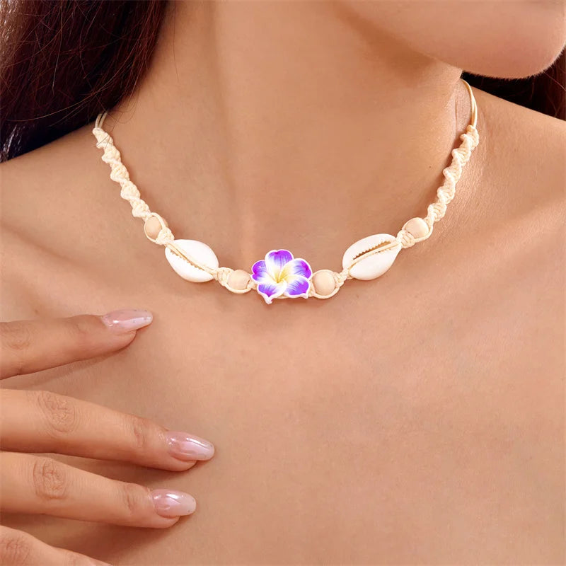 CowLost | bohemia-conch-beads-braided-necklaces-for-women-pink-green-cute-little-daisy-flower-choker-hand-woven-summer-beach-party-jewelry |4