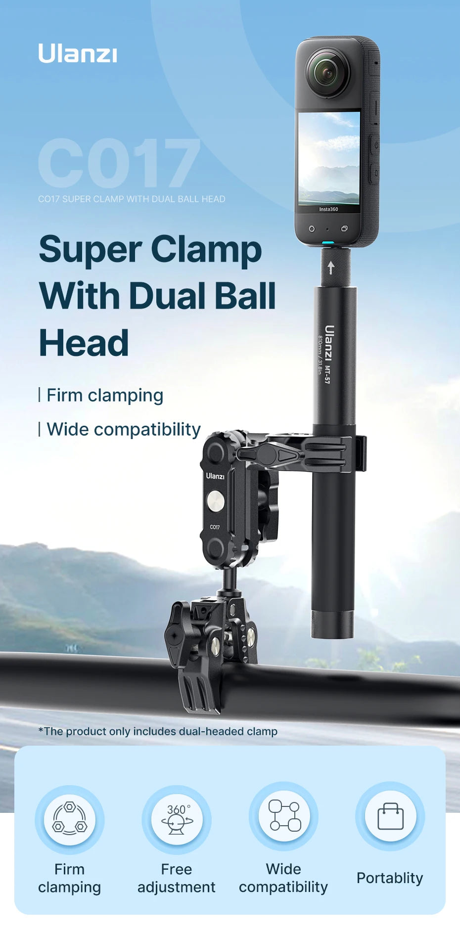 CowLost | ulanzi-co17-pea-pods-dule-head-super-clamp-for-go-pro-11-10-9-8-7-6-insta360-super-clamp-magic-arm-travel |7