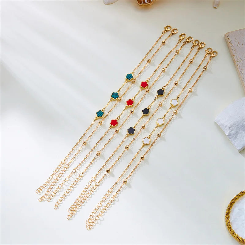 CowLost | new-5-leaf-flower-anklet-for-women-double-layer-lucky-flowers-metal-chain-bracelet-on-the-leg-beach-barefoot-sandal-jewelry |3