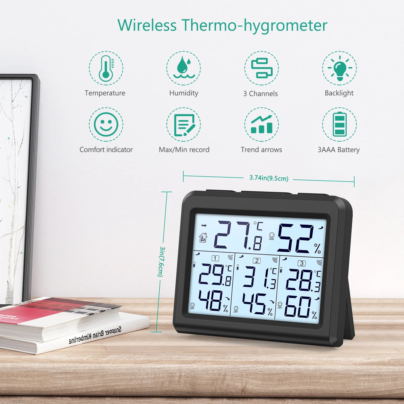 ORIA Wireless Indoor Digital Thermometer Hygrometer with 3 Sensors for Home and Office