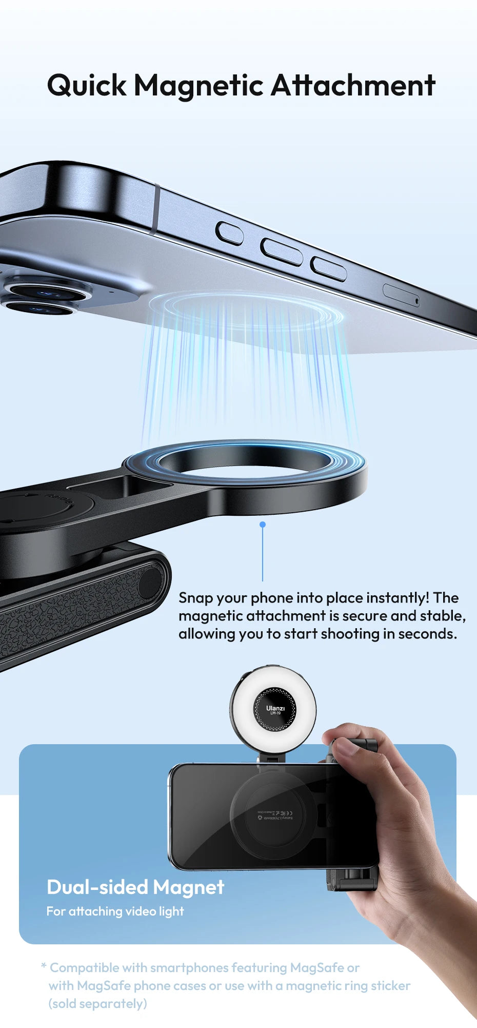 CowLost | ulanzi-jj03-magnetic-phone-tripod-wireless-phone-grip-selfie-stick-desktop-tripod-for-iphone-16-15-14-13-pro-pro-max |11