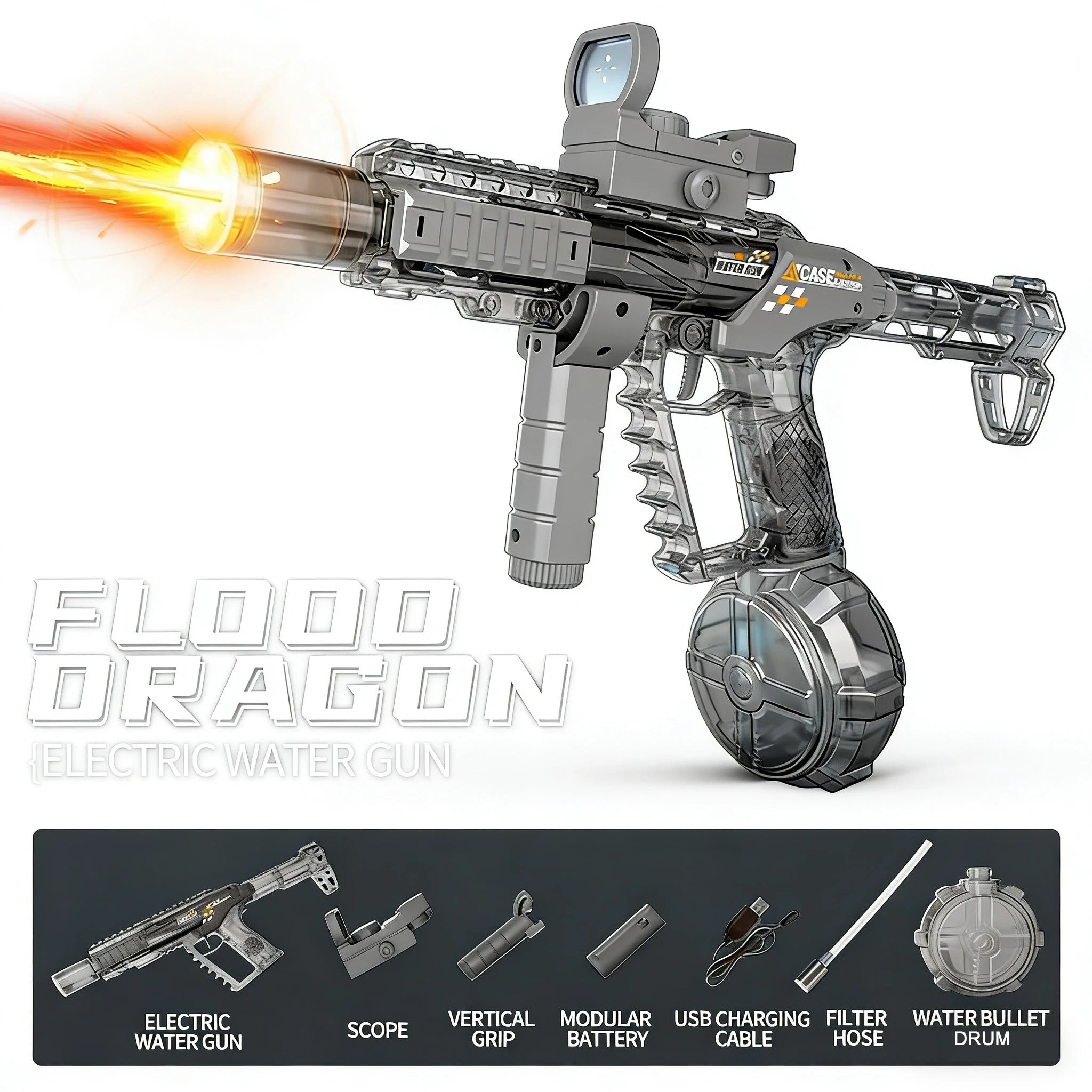 Long Range Electric Water Gun Toy with Automatic Sensor and Muzzle Flame for Kids