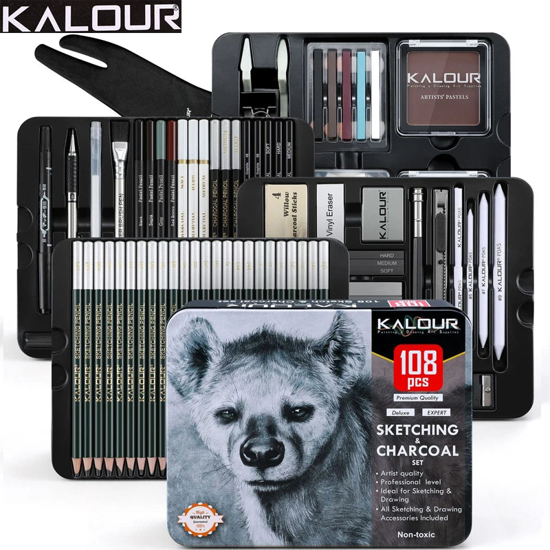 CowLost | product_id-kalour-108pcs-professional-sketching-pencil-set-with-charcoal-sticks-blending-tools-erasers |2