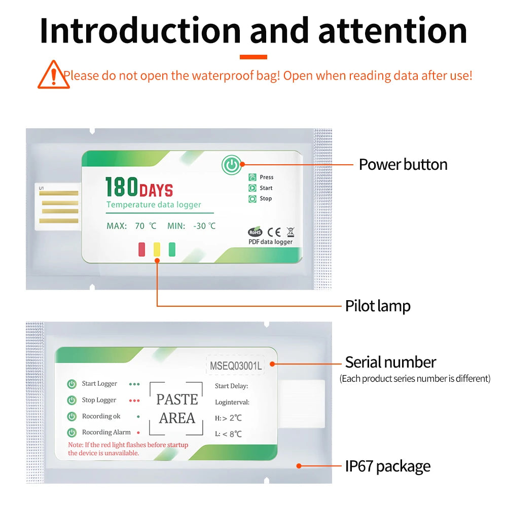 180-Day Disposable USB Temperature Data Logger with LED Indicator and Temp Alarm for Cold Chain Transport PDF Report