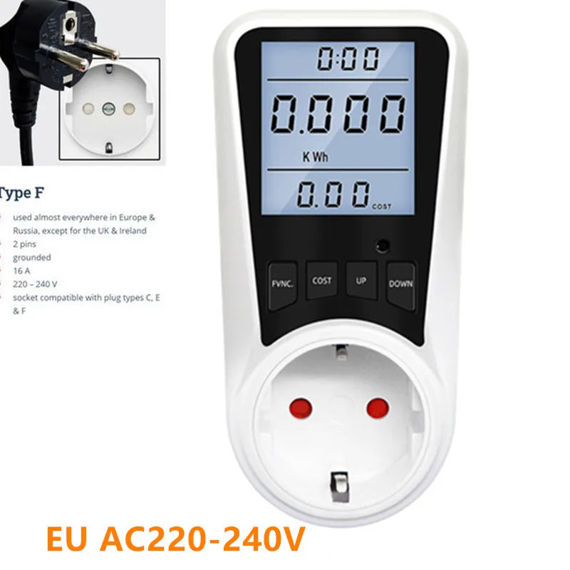 Digital AC Power Wattmeter 110V-220V Energy Consumption Meter with EU, US, UK, AU, BR, FR, IT, TH Plug Options
