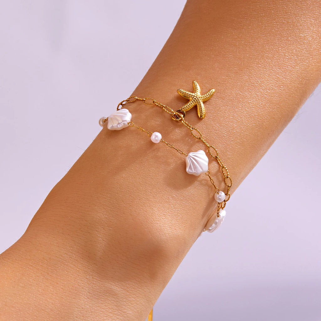 CowLost | ocean-series-stainless-steel-starfish-pendant-necklace-for-women-trendy-summer-beach-double-layer-beads-chain-choker-jewelry |4