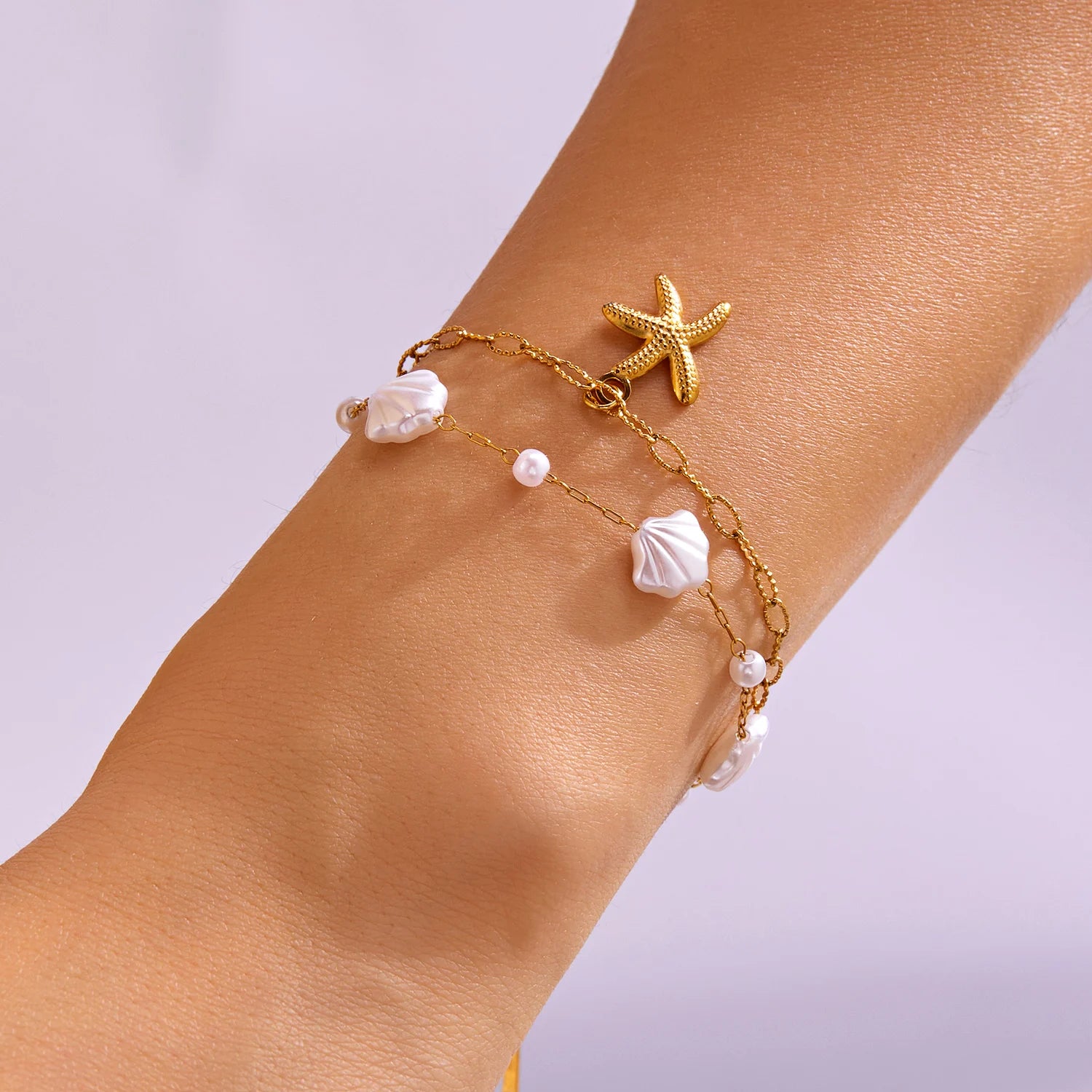 CowLost | ocean-series-stainless-steel-starfish-pendant-necklace-for-women-trendy-summer-beach-double-layer-beads-chain-choker-jewelry |4
