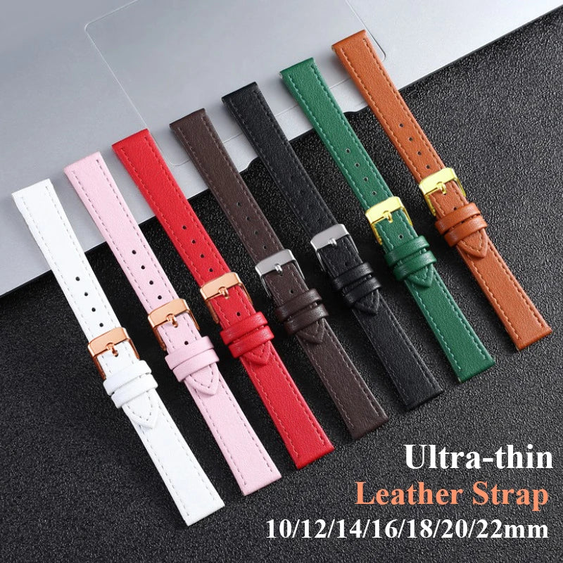 Ultra-Thin Leather Watch Strap for Women 10-22mm Brown White Black