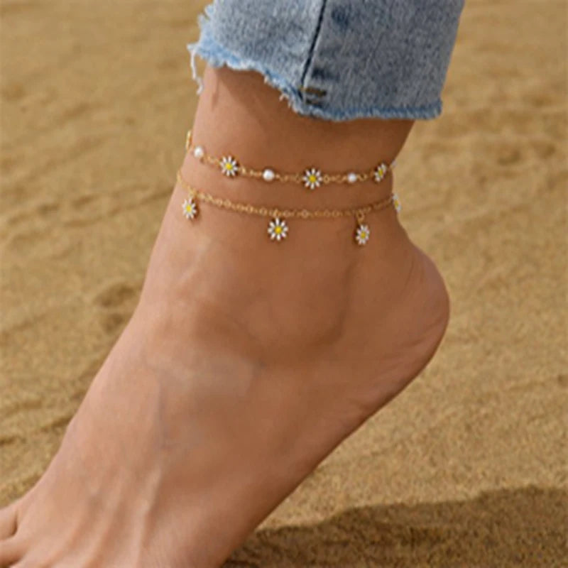 CowLost | elegant-daisy-flower-anklets-for-women-bohemian-blue-turkish-eyes-elephant-metal-chain-ankle-bracelet-summer-beach-foot-jewelry |11