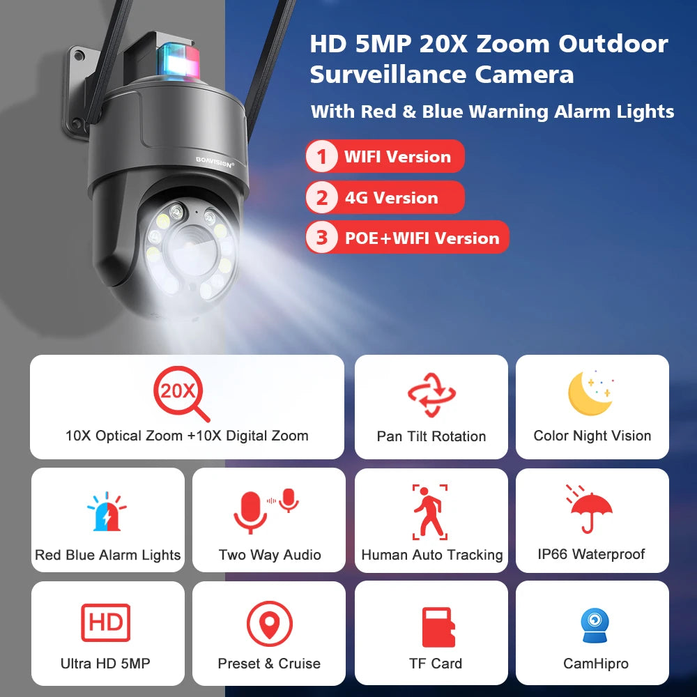 CowLost | 5mp-20x-zoom-outdoor-surveillance-camera-ptz-wifi-4g-poe-red-blue-warning-lights-human-detection-auto-tracking-security-camera |7