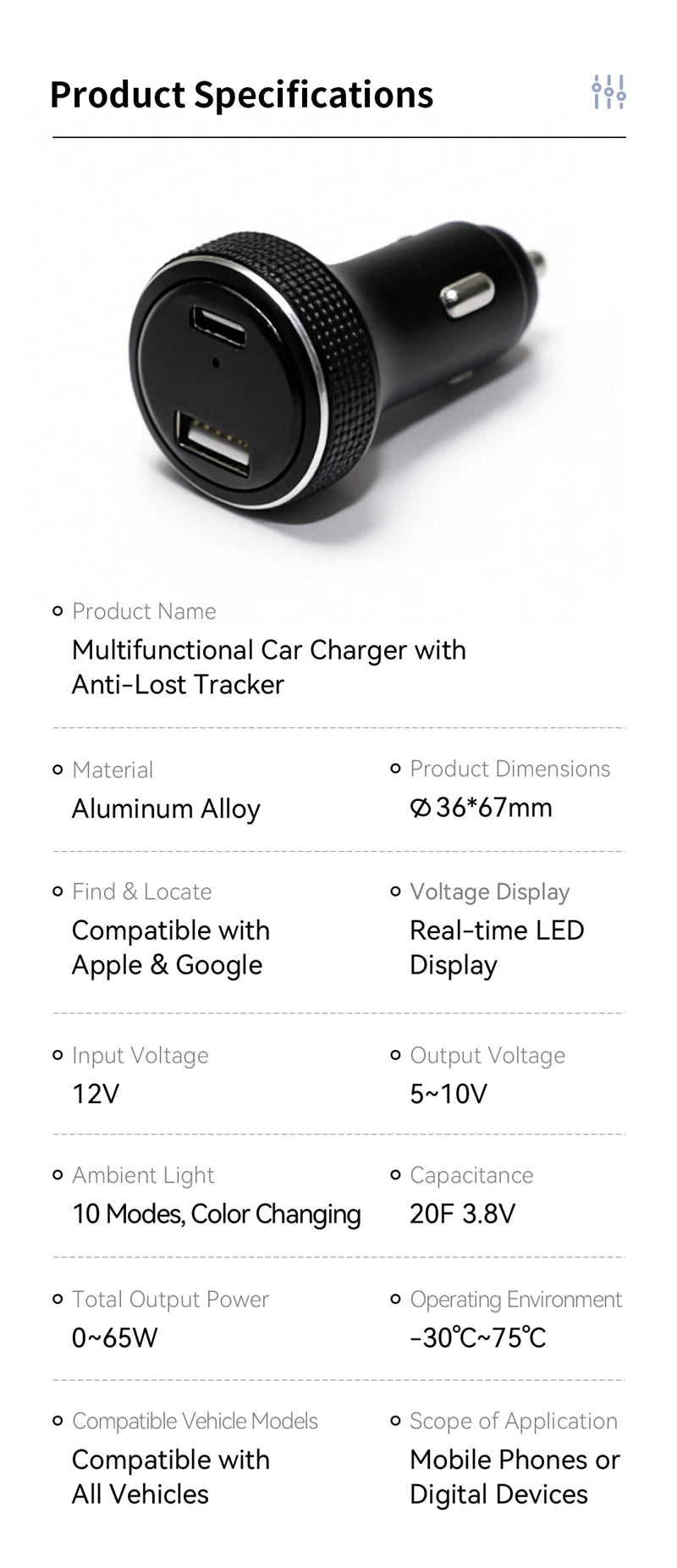 CowLost | product_id-car-charger-with-find-my-tracker-battery-voltage-display-ambient-light-pd-fast-charge-usb-c-for-ios-android |20