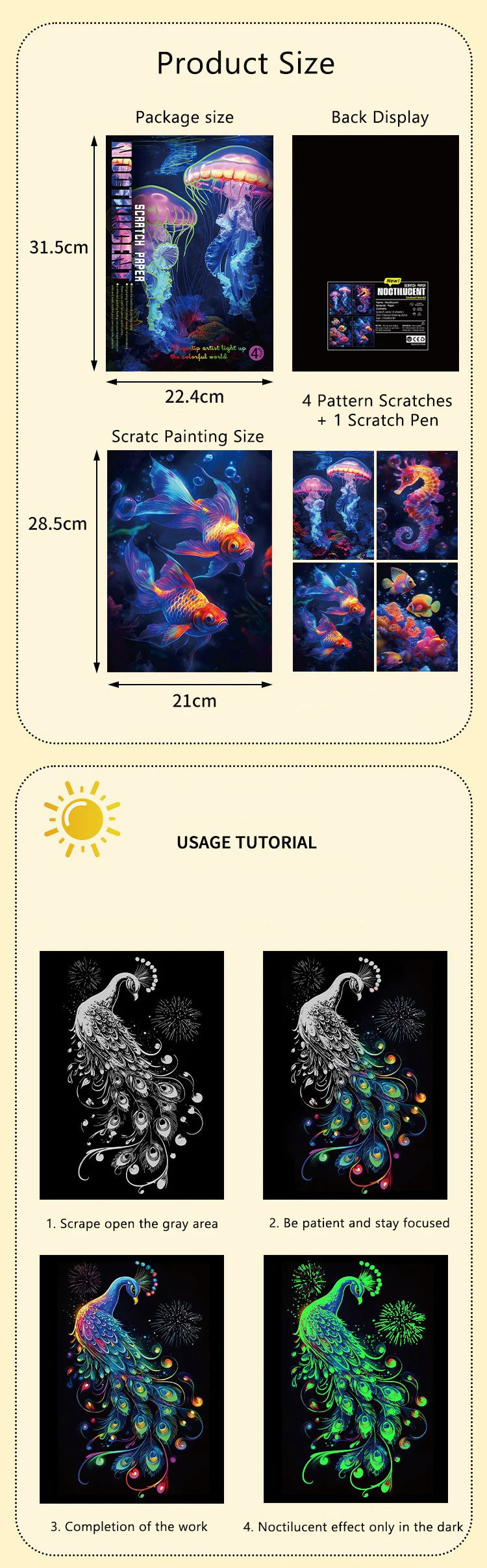 CowLost | product_id-4-piece-a4-diy-noctilucent-scratch-painting-set-sea-world-butterfly-peacock-whale-designs |6
