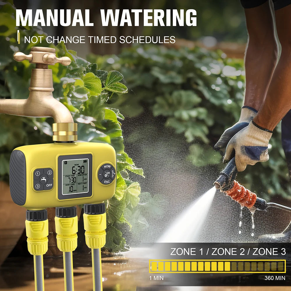 Automatic 1/2/3-Outlet Water Timer with Timing Control for Outdoor Sprinkler