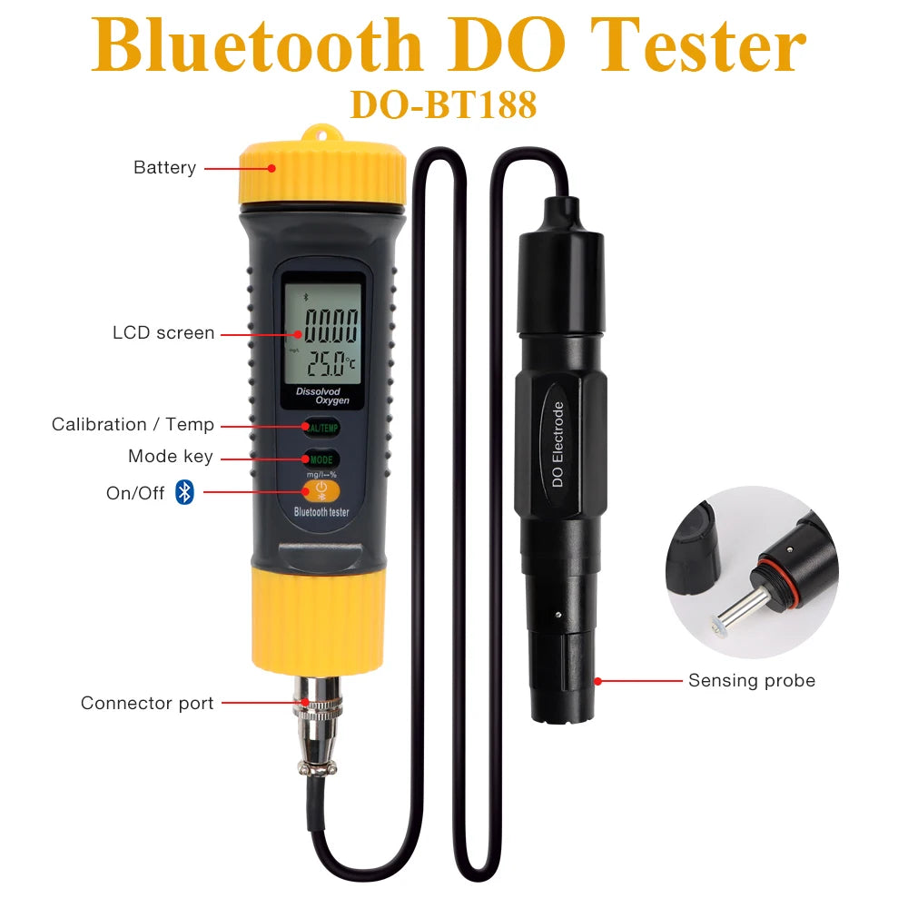 Bluetooth Digital Dissolved Oxygen Meter 0-20 mg/L DO Tester for Pool Hydroponics Aquaculture