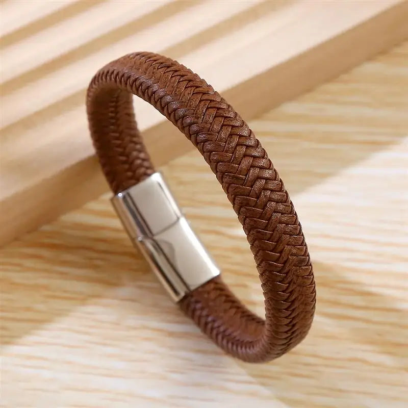 CowLost | badge-pass-holders-classic-mens-braided-leather-bracelet-with-magnetic-clasp |35