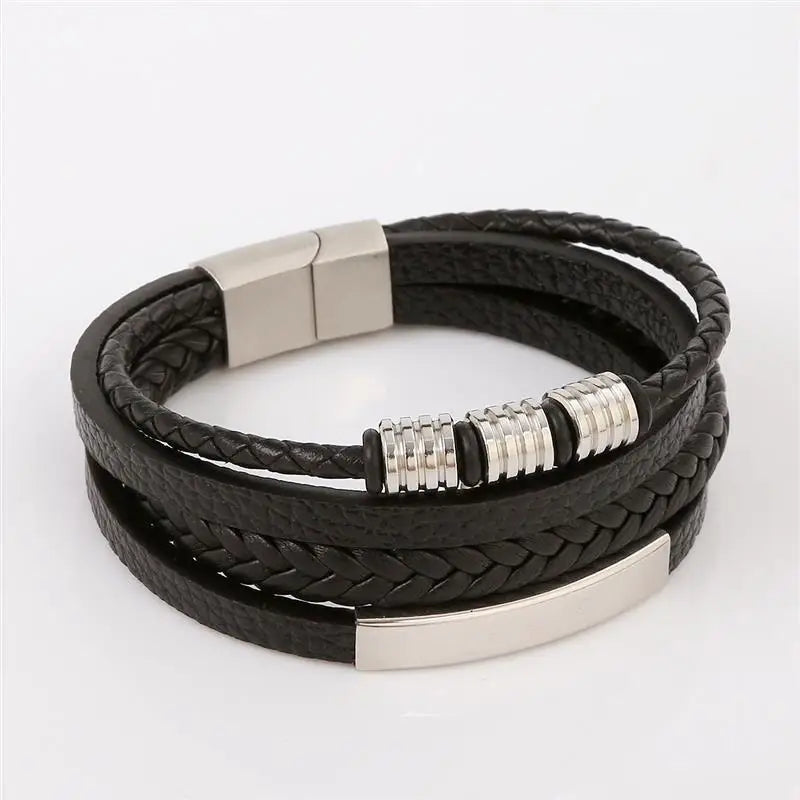 CowLost | punk-men-leather-bracelet-with-stainless-steel-magnetic-clasp-braided-mutilayer |2