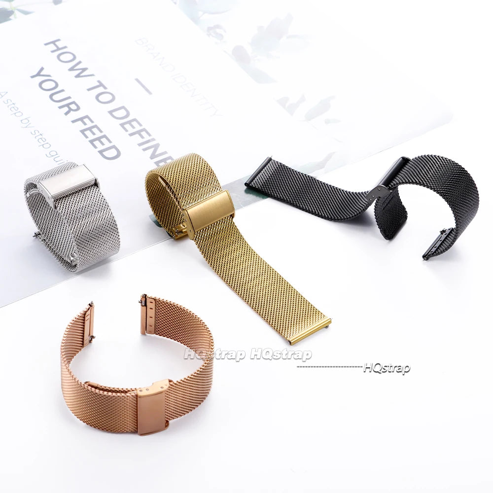 Quick Release Stainless Steel Milanese Mesh Watch Band 18mm 20mm 22mm Black Silver