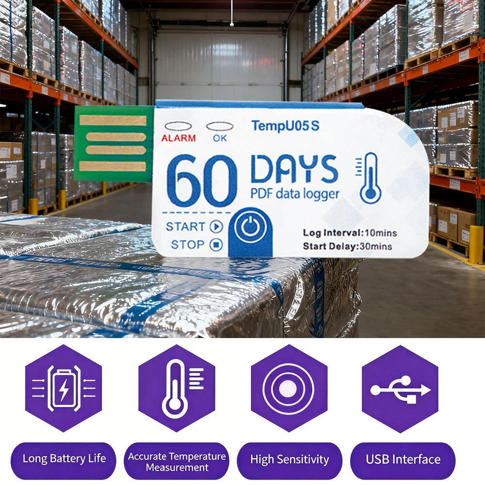 TempU05S USB Temperature Data Logger 60-Day Disposable 10000-Point PDF Report Cold Chain Recorder