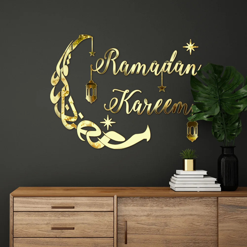 CowLost | ramadan-kareem-acrylic-stickers-golden-mirror-moon-star-self-adhesive-wall-sticker |2