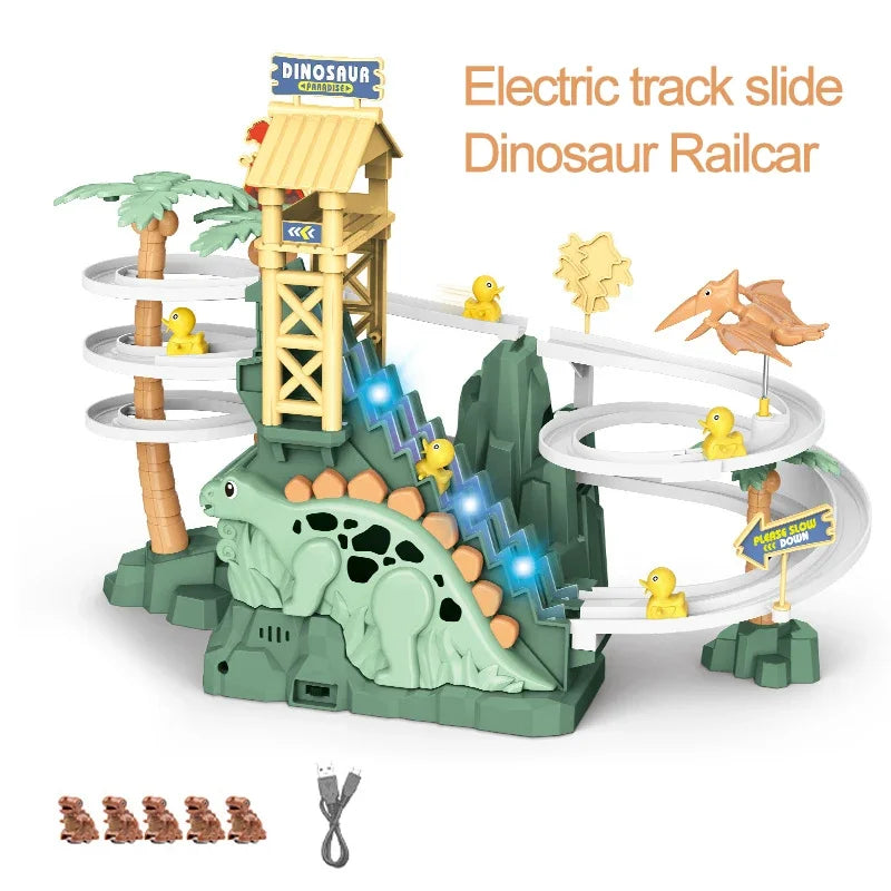 Electric Double Track Dinosaur Railcar Toy with Slide, Climbing Stairs, Music, and Educational Features for Kids Gift
