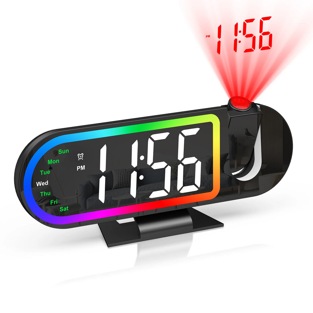ORIA LED Projection Alarm Clock 8.5" Large Screen Digital Time, Date, Snooze, 17-Color Ambient Light