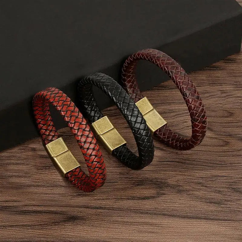 CowLost | badge-pass-holders-classic-mens-braided-leather-bracelet-with-magnetic-clasp |1