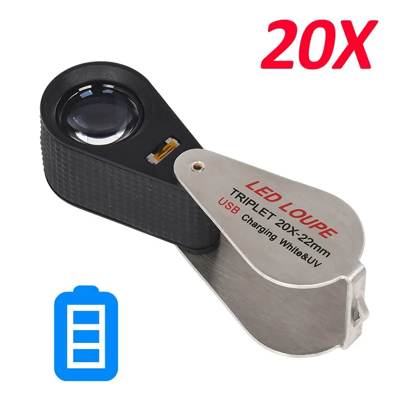 10X 20X 30X 40X Magnifier Loupe With Dual Light White UV LED Illuminated Magnifier Jewelry Diamond Gemstone Eye Glass for Repair