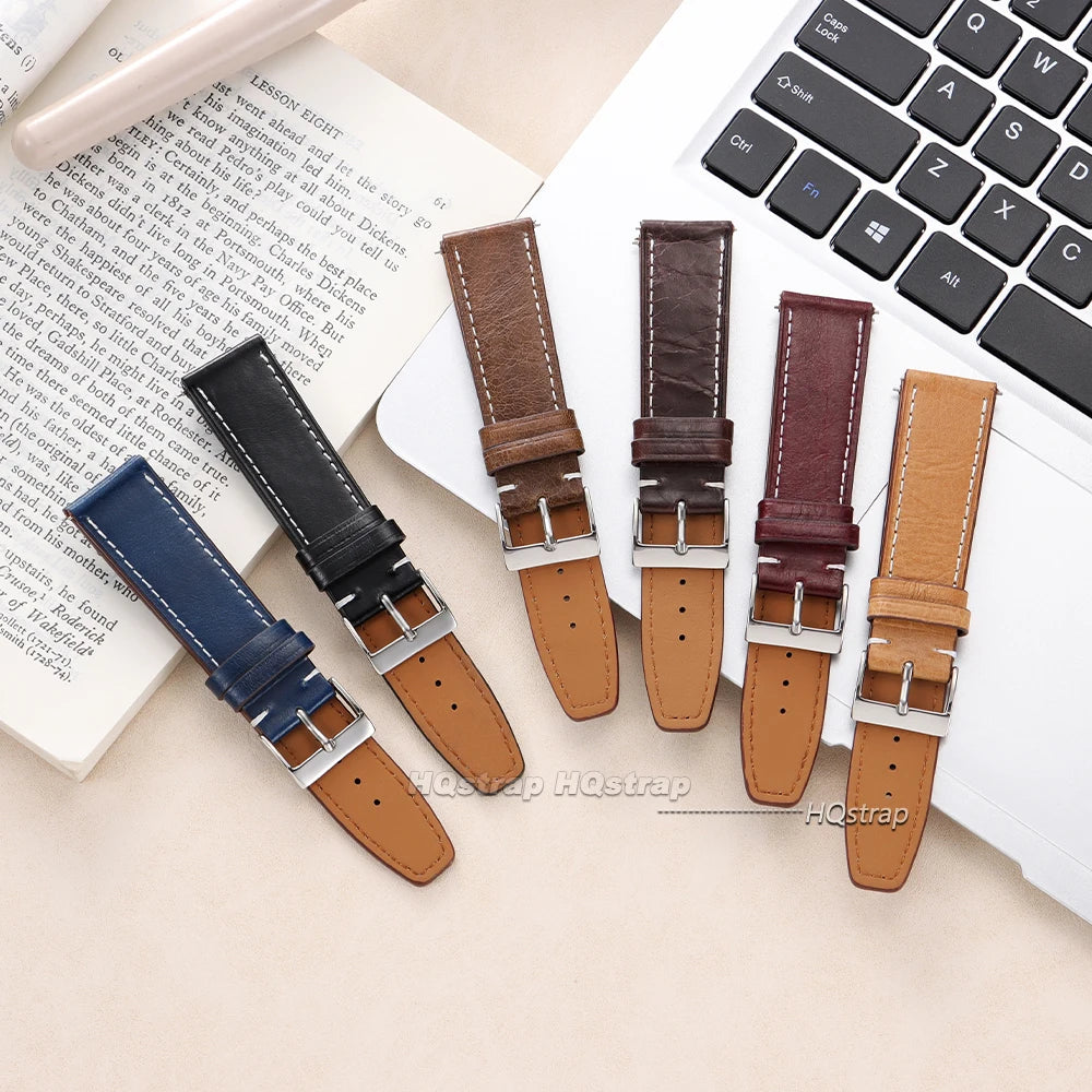HQstrap Leather Watchband for Seiko 20mm 22mm with Steel Pin Buckle Vintage Strap
