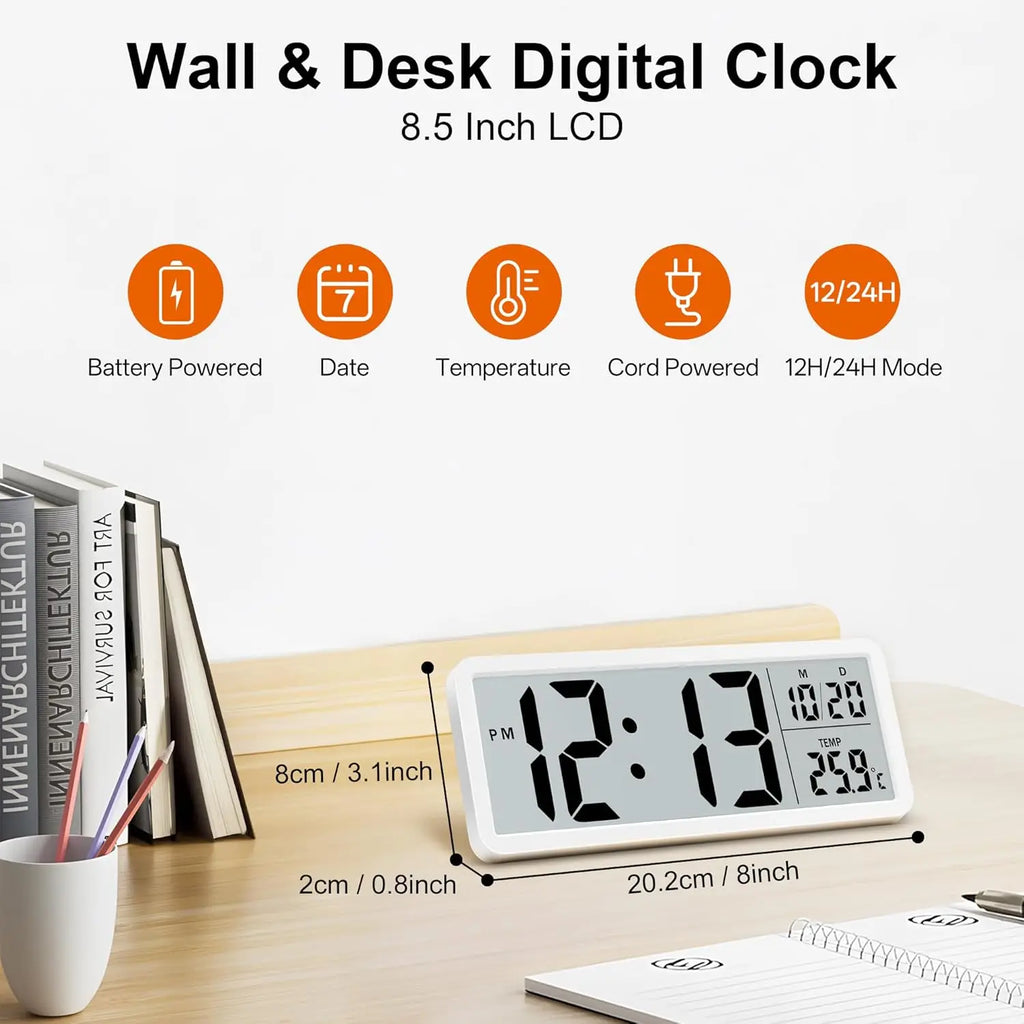 8 Inch LCD Digital Clock with Time, Date & Temperature Display – Dual Power Wall/Desktop Electronic Clock