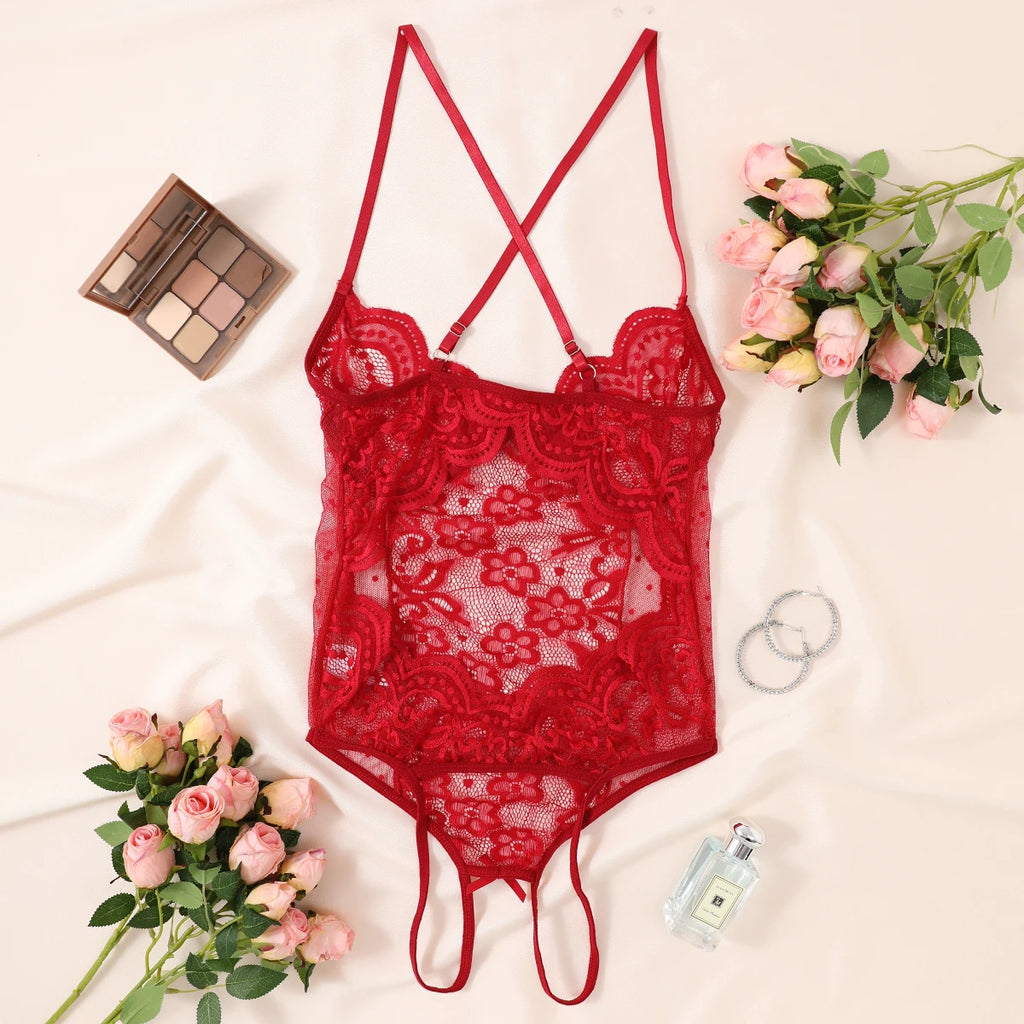 CowLost | red-crotchless-sexy-womens-underwear-lace-hollow-bow-backless-bodysuit |2