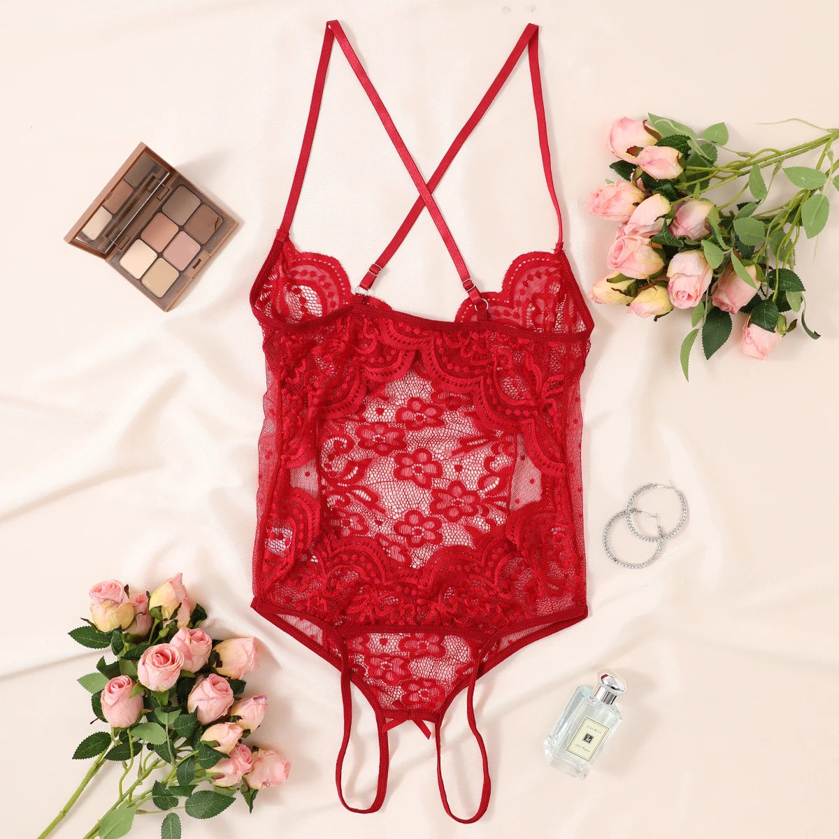 CowLost | red-crotchless-sexy-womens-underwear-lace-hollow-bow-backless-bodysuit |2
