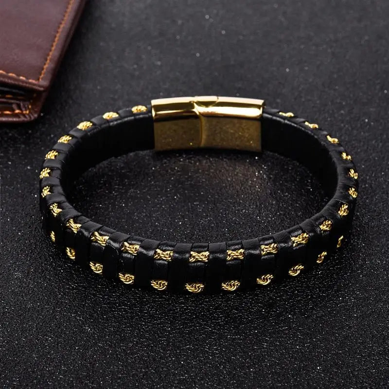 CowLost | jiayiqi-punk-new-leather-bracelet-black-braid-gold-color-stainless-steel-bangles-for-men |2