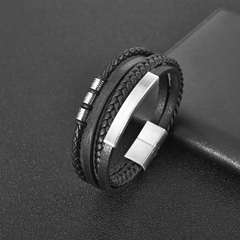 CowLost | punk-men-leather-bracelet-with-stainless-steel-magnetic-clasp-braided-mutilayer |41