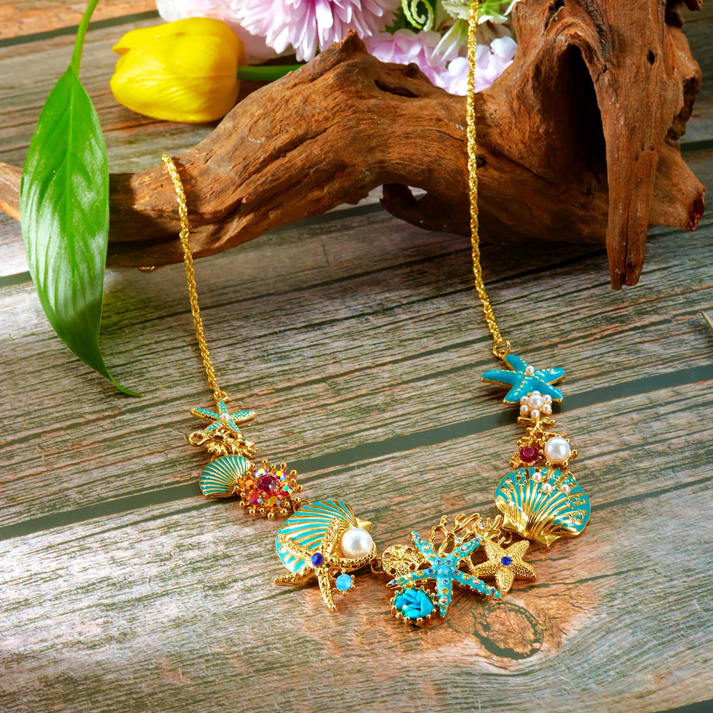 CowLost | boho-starfish-shell-coral-pearl-pendant-necklace-for-women-shiny-crystal-zircon-dripping-oil-beach-clavicle-choker-charm-jewelry |1