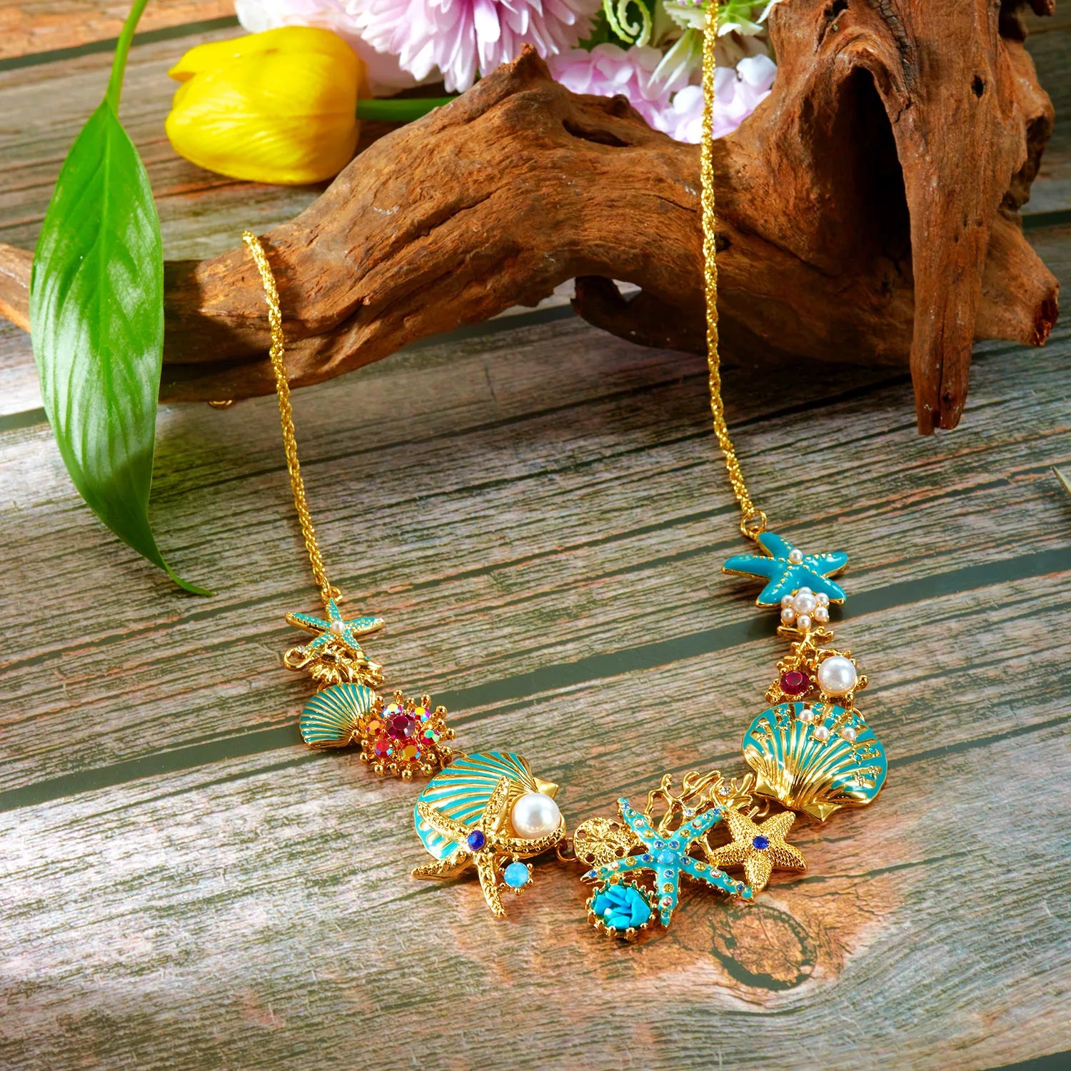 CowLost | boho-starfish-shell-coral-pearl-pendant-necklace-for-women-shiny-crystal-zircon-dripping-oil-beach-clavicle-choker-charm-jewelry |1