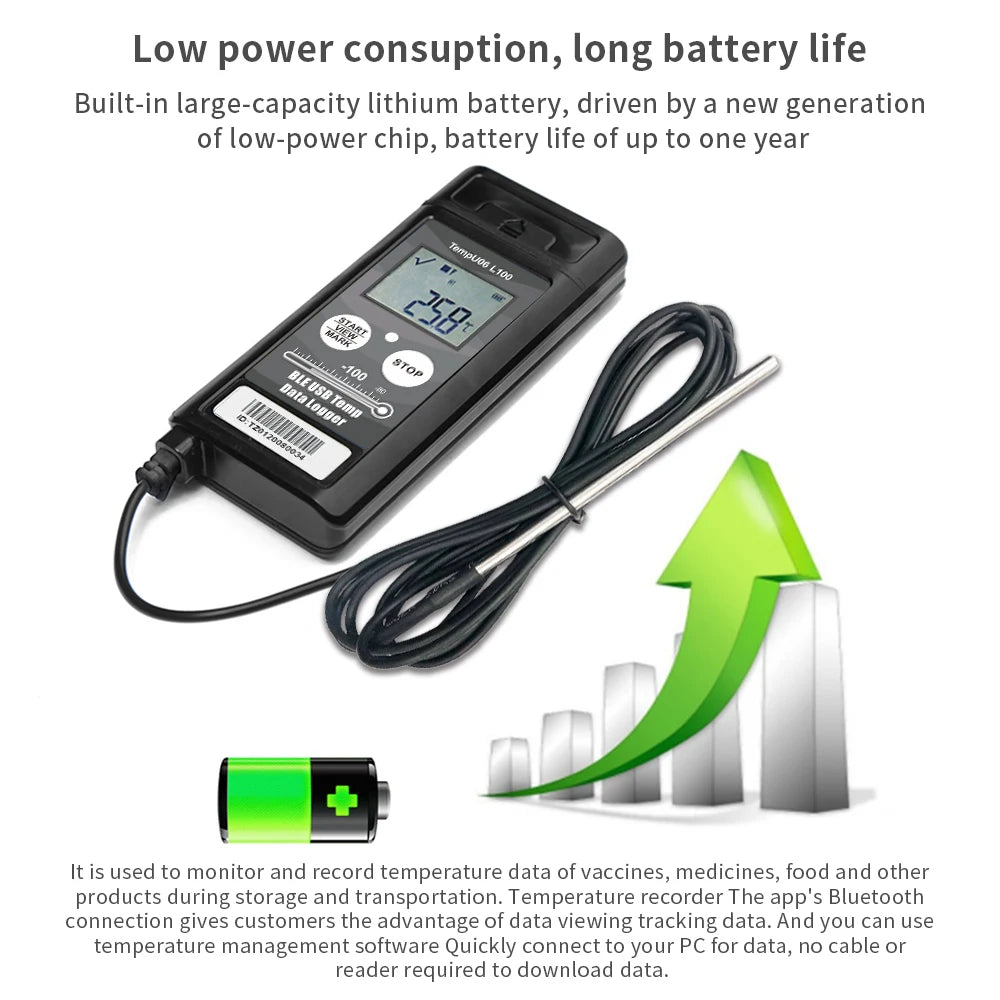 TempU06 Ultra Low Temp Data Logger USB Bluetooth 32000 Points -80℃ to -200℃ Recorder